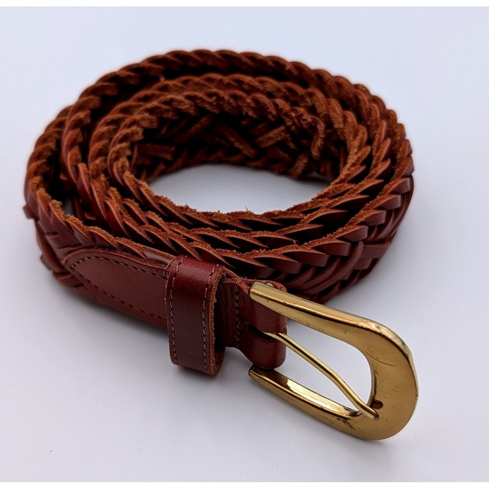 Vintage Brown Braided Leather Belt Gold Buckle Made in Argentina 34-85 1364060